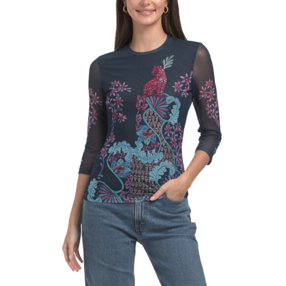 JOHNNY WAS Navy Natalie Three-quarter Mesh Tee - Picture 1 of 2